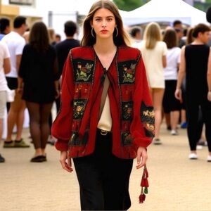 80s JA RESORT SILK RED & BLACK EMBROIDERED BOHO JACKET W TASSELS & BEADS SZ 1X